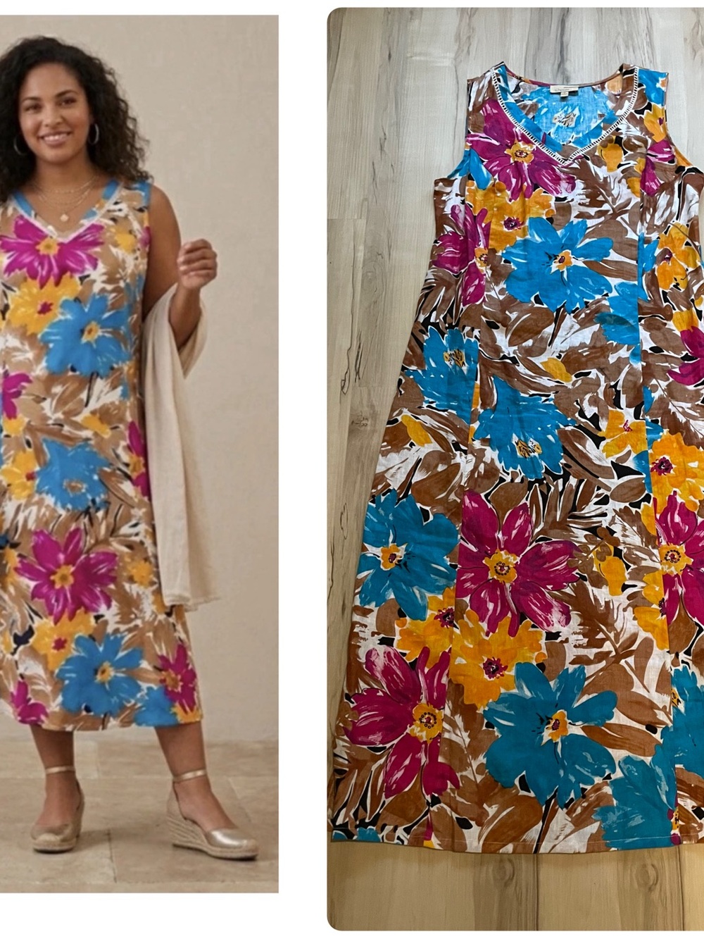 New Choices Sleeveless 100% Linen Midi Dress Size Medium Multi Floral V-Neck